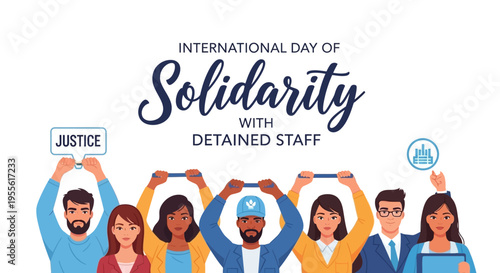 Illustration of diverse people holding signs supporting International Day of Solidarity with Detained and Missing Staff in a colorful, flat design.