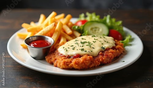 Crispy chicken parmesan served with french fries and fresh salad. Golden brown cutlet is covered in melted cheese and sauce. Side of ketchup and garden greens makes this meal satisfying.