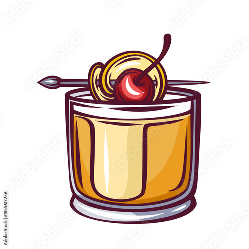 Old fashioned cocktail in rocks glass with amber drink, cherry and citrus garnish on pick in retro style. Bar menu, classic drink card and cocktail design with old fashioned, vector illustration