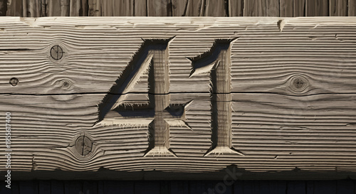 Carved wooden number 41 on rustic weathered beam
