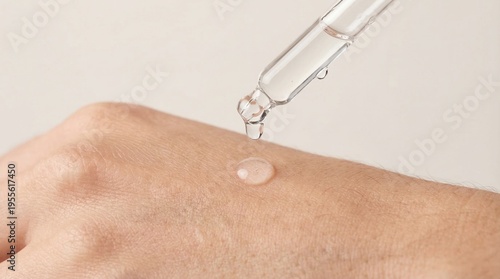 Obraz na płótnie Close-up of a glass dropper applying a drop of clear hydrating cosmetic serum onto human skin
