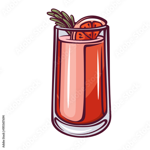Aperitif cocktail in tall glass with rosemary sprig and blood orange slice in retro style. Bar menu, summer drink card and cocktail design with aperitif cocktail, vector illustration