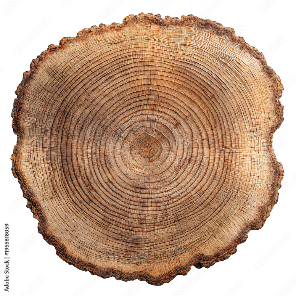Fototapeta premium Tree Ring Cross Section Texture Isolated on Transparent Background, Natural Wood Slice Growth Rings Detail, Top View