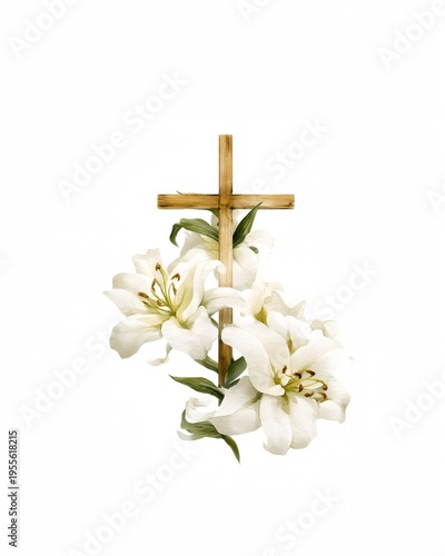 White lilies bloom beside a simple wooden cross