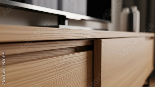 Close-up of a light wood cabinet with a TV in the blurred background