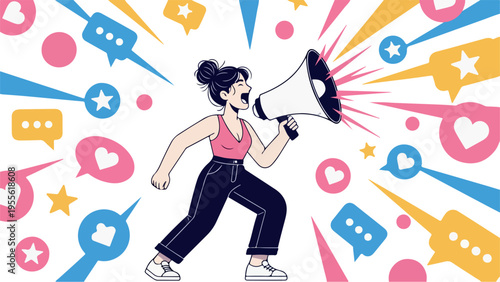 Female Announcer with Megaphone and Social Media Engagement Icons