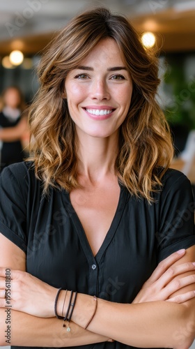 A woman stands confidently in a bright office space with her arms crossed. She has wavy hair and gives a warm smile. Other people work in the background