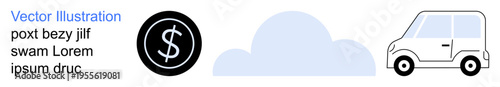 Finance, transportation, e-commerce, environmental awareness, cloud technology, compact vehicles. Money symbol, cloud and a small car. Finance and transportation concept
