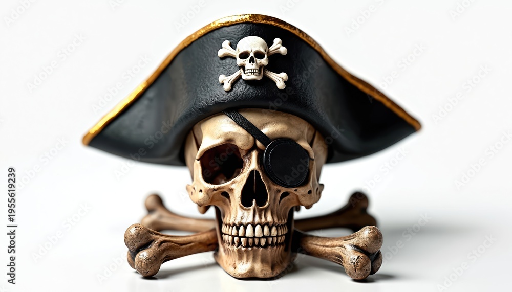 Fototapeta premium Skull wearing pirate captain hat and eye patch with crossed bones. Symbol of death and danger for Halloween or parties. A spooky decoration.