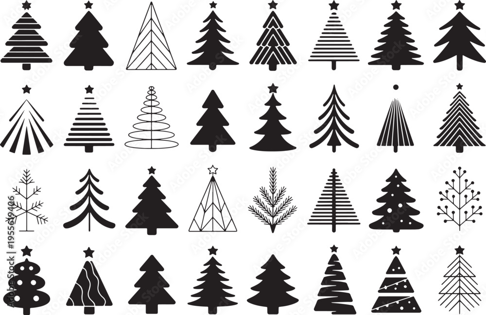 Obraz premium Collection of Christmas tree silhouettes and outline icons in various styles