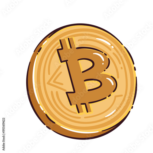 Bitcoin coin with embossed B symbol, round gold shape and engraved edge details. Crypto payment, blockchain finance and digital asset design with bitcoin coin, vector illustration