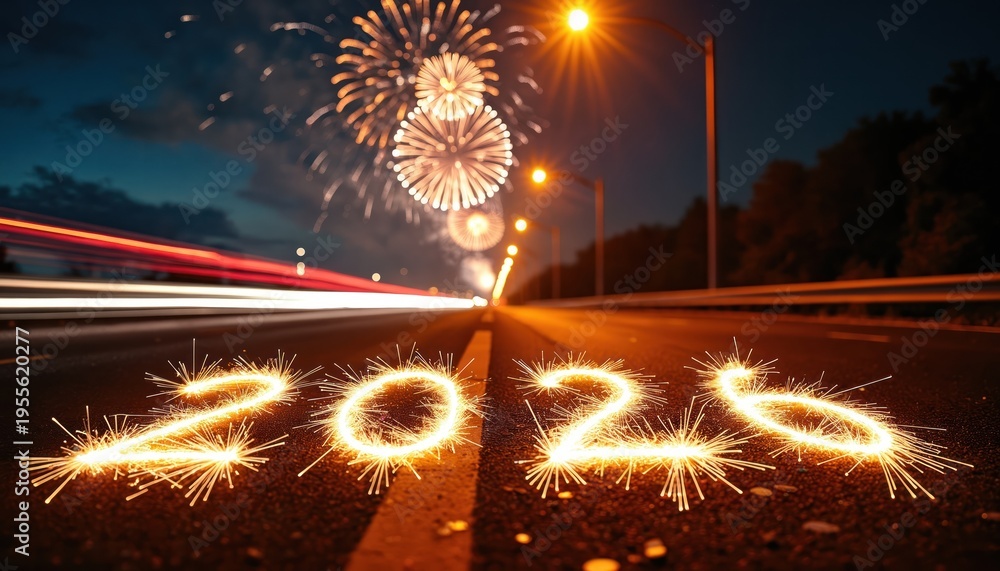 Obraz premium New Year 2026 is celebrated with sparklers on dark road. Fireworks light up the night sky. Car light streaks suggest travel and journey into future.