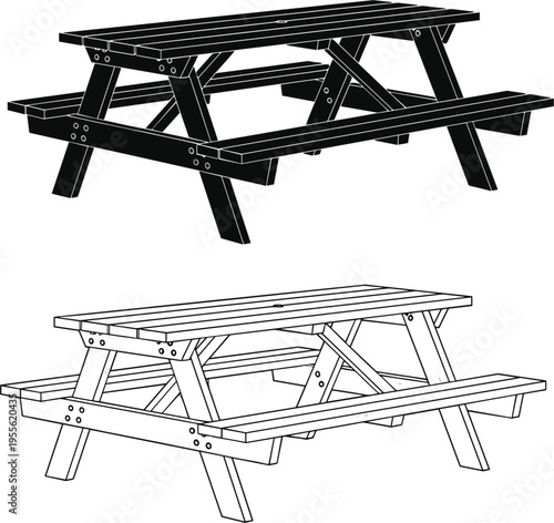 Black silhouette and detailed line drawing of a wooden picnic table, design reference for outdoor furniture, woodworking, assembly, and construction projects