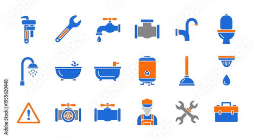 Plumbing tools and bathroom fixtures icons for repair and maintenance