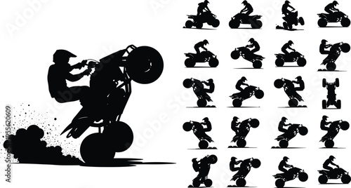 Black silhouette illustration of ATV riders performing stunts, wheelies, and jumps, dynamic off-road design for motorsport, adventure, action, and extreme sports concepts