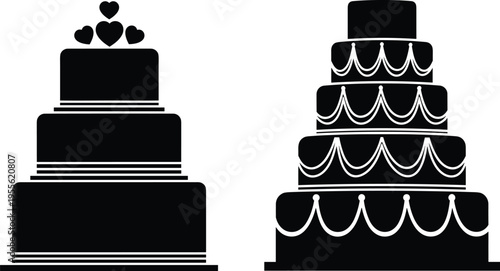 Black silhouette illustration of decorative tiered cakes, including three-tier heart-topped design and five-tier garland cake, perfect for weddings, celebrations, and festive events