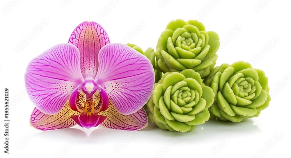 Fototapeta premium Vibrant Pink Orchid Flower and Green Succulent Plants Isolated on White Background