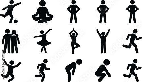 Human activity icons set showing sports, yoga, dancing, running, friendship, jumping and standing poses, simple people pictogram silhouette collection