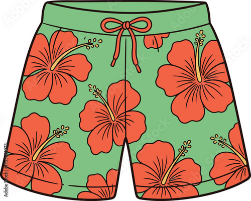 Floral Swim Shorts Vector Illustration, Cartoon Tropical Beach Shorts Clipart Design, Summer Hawaiian Pattern Collection.