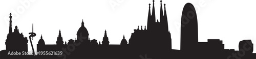 Barcelona city skyline silhouette with famous landmarks and cathedral towers