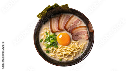 Isolated traditional Japanese ramen bowl with pork chashu, rich broth, noodles, egg, and green onion