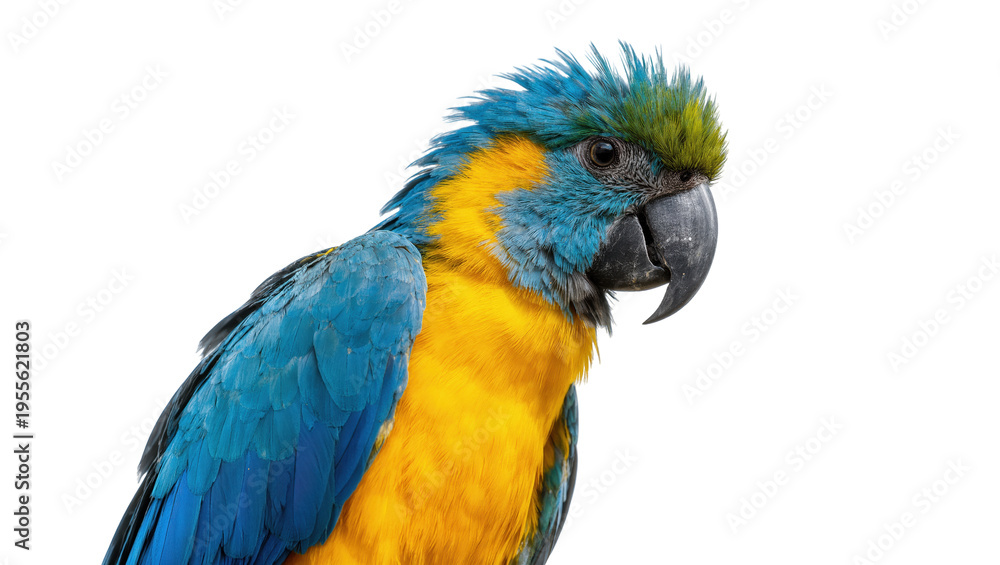 Fototapeta premium Isolated vibrant blue and yellow macaw looking right, a colorful tropical parrot portrait