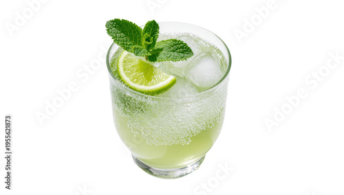 Isolated refreshing green lime and mint cocktail with ice cubes and effervescent bubbles