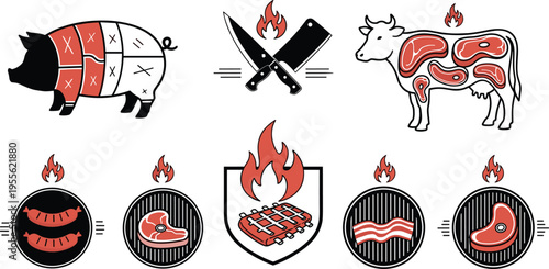 Barbecue meat cuts collection with cow pig steak bacon sausage and grill icons in modern flat vector illustration set for BBQ design