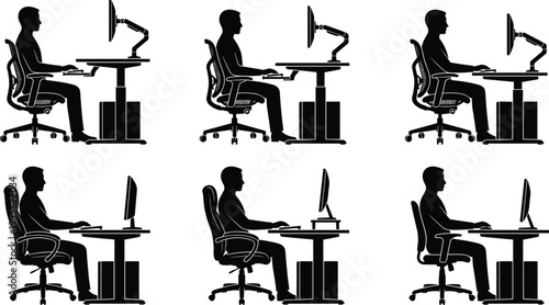 Office worker sitting at computer desk silhouettes set typing working and analyzing data workplace productivity concept