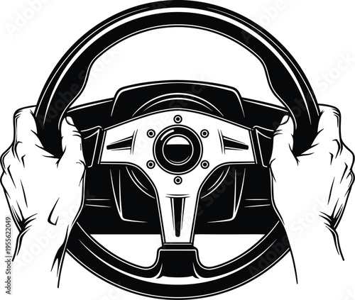 Black and white silhouette of hands gripping steering wheel at 9 and 3 positions, safe driving posture illustration for automotive, education, training, and control concepts