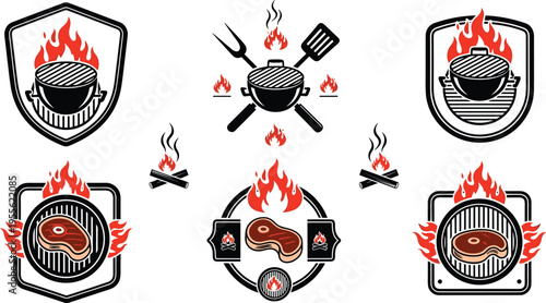 BBQ grill emblem collection with flaming barbecue badges steak icons and cooking symbols in bold vintage style vector illustration set