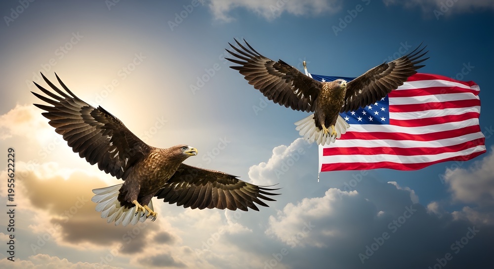 Obraz premium Two American Bald Eagles Flying with USA Flag in Sky