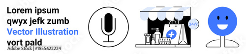 Voice control, digital healthcare, retail pharmacy, customer service, AI interaction, online shopping. Black microphone icon, pharmacy storefront and blue smiling user icon. Voice control