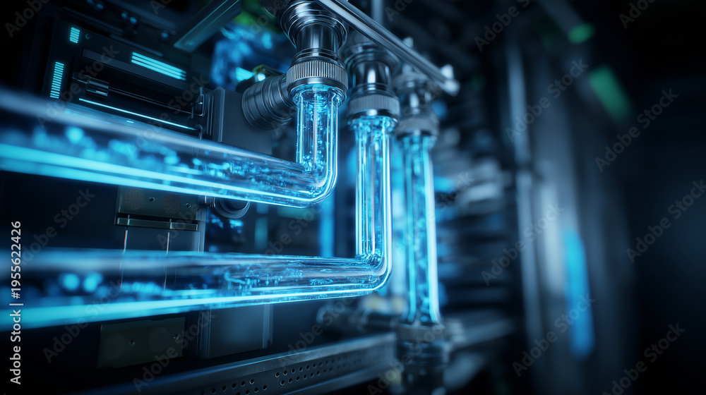 Fototapeta premium Neon blue liquid cooling system for a green energy data center.