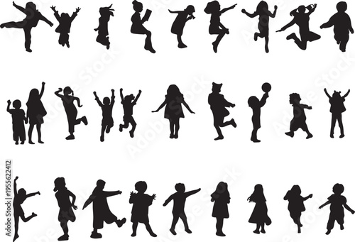 Collection of children silhouettes in various playful poses and movements