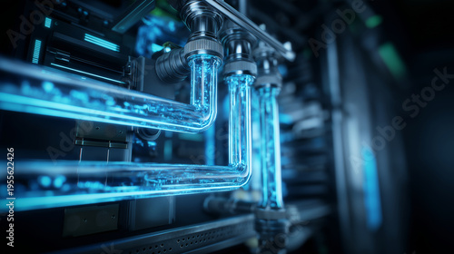 Neon blue liquid cooling system for a green energy data center.