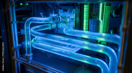 Neon blue liquid cooling system for a green energy data center.