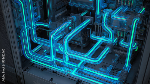 Neon blue liquid cooling system for a green energy data center.