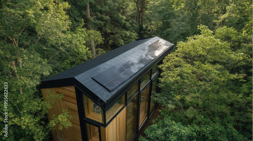 Modern tiny house with a roof made of integrated solar shingles.