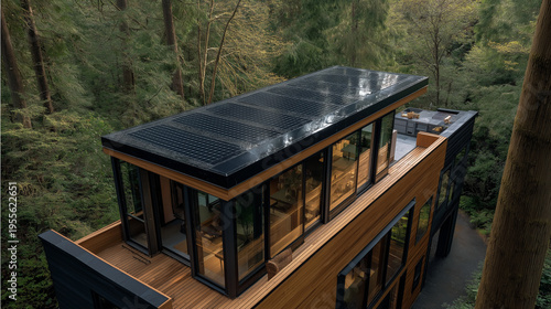 Modern tiny house with a roof made of integrated solar shingles.