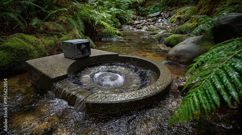 Micro-hydro vortex turbine installed in a clear forest stream.