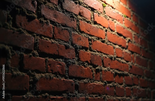 Textured red brick wall illuminated by warm light at night. Its rough, aged surface creates a vintage grunge atmosphere. This background offers ample copy space for various designs.