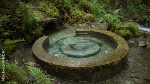 Micro-hydro vortex turbine installed in a clear forest stream.