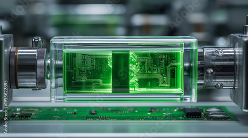 High-tech transparent lithium-ion battery cell in a research lab.