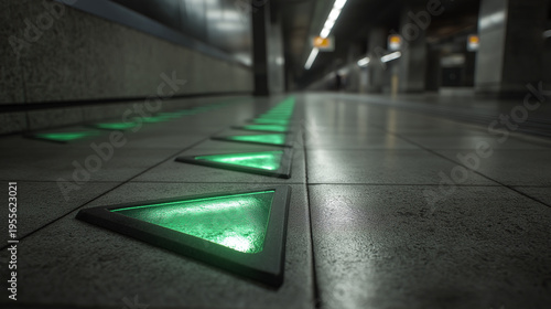 Kinetic energy harvesting floor tiles glowing in a subway station.