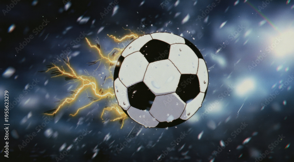 Naklejka premium Soccer ball lightning storm rain energy power speed night motion dynamic soccer ball with lightning bolt effect heavy rain dramatic night stadium light creating energetic sport concept scene