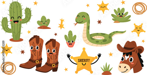 Cute western cowboy elements vector set with cactus boots horse sheriff badge stars and desert icons in cartoon flat style illustration