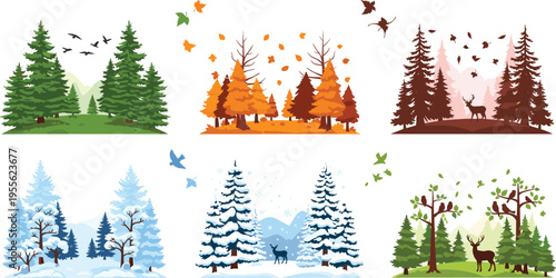 Seasonal forest landscape collection with spring summer autumn winter trees wildlife and nature scenes in flat design vector illustration set