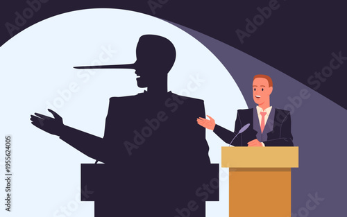 Businessman at podium casts shadow with long nose symbolizing dishonesty, political deception, and lack of trust in leadership, flat style isolated vector illustration