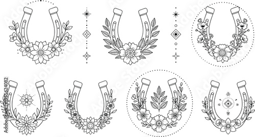 Minimal floral horseshoe collection with botanical elements geometric accents and elegant black line art lucky charm vector illustration set